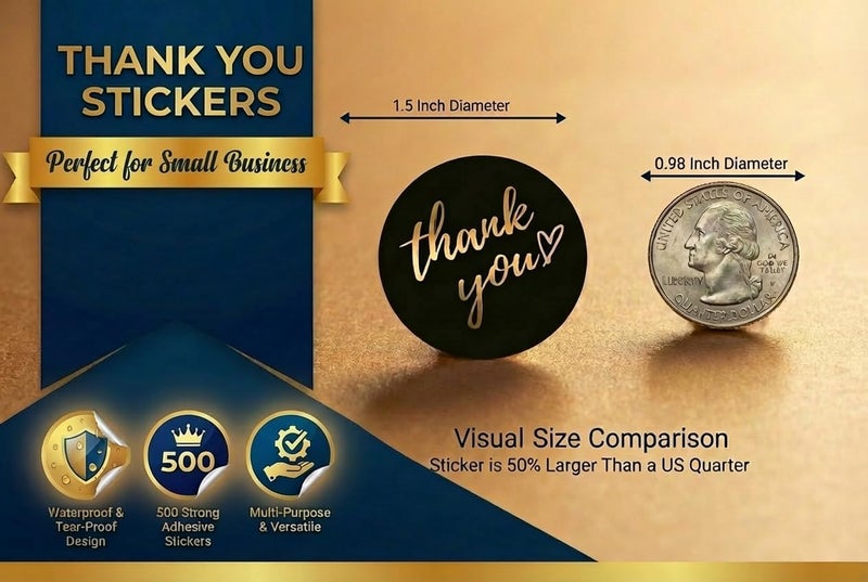 IBAKE 500 PCS Thank You Stickers Roll – 1.5 Inch Round Gold Foil Stickers with Heart Design, 4 Colors (Black, White, Pink, Navy) for Small Business Packaging, Envelopes, Gift Bags, Shipping Boxes - Image 2